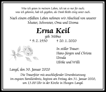 Traueranzeige von Erna Keil von Licher Wochenblatt