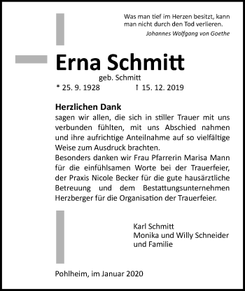 Traueranzeige von Erna Schmitt von Pohlheimer Nachrichten