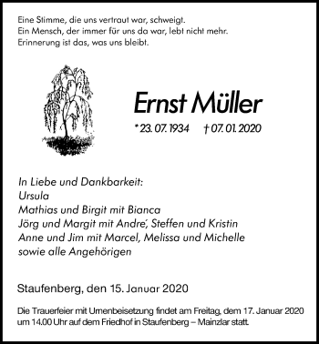 Traueranzeige von Ernst Müller von Giessener Allgemeine, Alsfelder Allgemeine