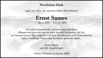 Traueranzeige von Ernst Sames von Giessener Allgemeine, Alsfelder Allgemeine