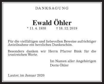 Traueranzeige von Ewald Öhler von Giessener Allgemeine, Alsfelder Allgemeine