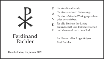 Traueranzeige von Ferdinand Pachler von Giessener Allgemeine, Alsfelder Allgemeine