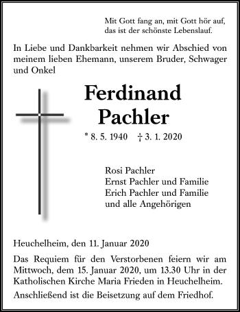 Traueranzeige von Ferdinand Pachler von Giessener Allgemeine, Alsfelder Allgemeine