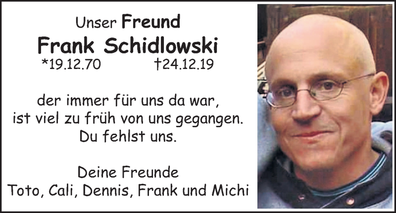  Traueranzeige für Frank Schidlowski vom 03.01.2020 aus Giessener Allgemeine, Alsfelder Allgemeine