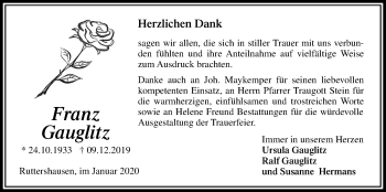 Traueranzeige von Franz Gauglitz von Giessener Allgemeine, Alsfelder Allgemeine