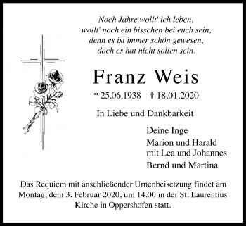 Traueranzeige von Franz Weis von Wetterauer Zeitung