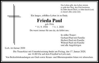 Traueranzeige von Frieda Paul von Licher Wochenblatt