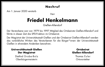 Traueranzeige von Friedel Henkelmann von Giessener Allgemeine, Alsfelder Allgemeine