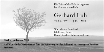Traueranzeige von Gerhard Luh von Giessener Allgemeine, Alsfelder Allgemeine