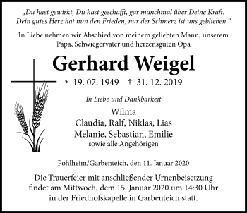 Traueranzeige von Gerhard Weigel von Giessener Allgemeine, Alsfelder Allgemeine