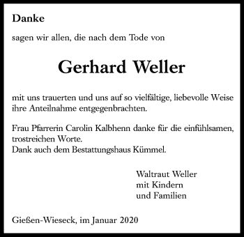 Traueranzeige von Gerhard Weller von Giessener Allgemeine, Alsfelder Allgemeine