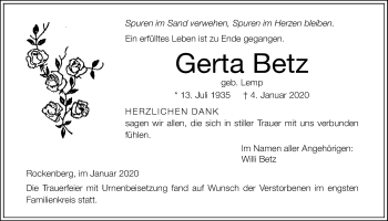 Traueranzeige von Gerta Betz von Wetterauer Zeitung