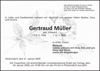 Traueranzeige von Gertraud Müller von Alsfelder Allgemeine, Giessener Allgemeine