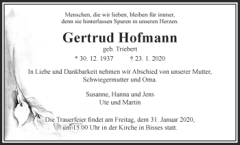 Traueranzeige von Gertrud Hofmann von Wetterauer Zeitung, Alsfelder Allgemeine