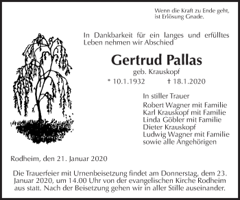 Traueranzeige von Gertrud Pallas von Giessener Allgemeine, Alsfelder Allgemeine