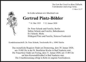 Traueranzeige von Gertrud Pintz-Böhler von Wetterauer Zeitung