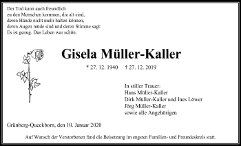 Traueranzeige von Gisela Müller-Kaller von Giessener Allgemeine, Alsfelder Allgemeine