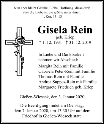 Traueranzeige von Gisela Rein von Giessener Allgemeine, Alsfelder Allgemeine