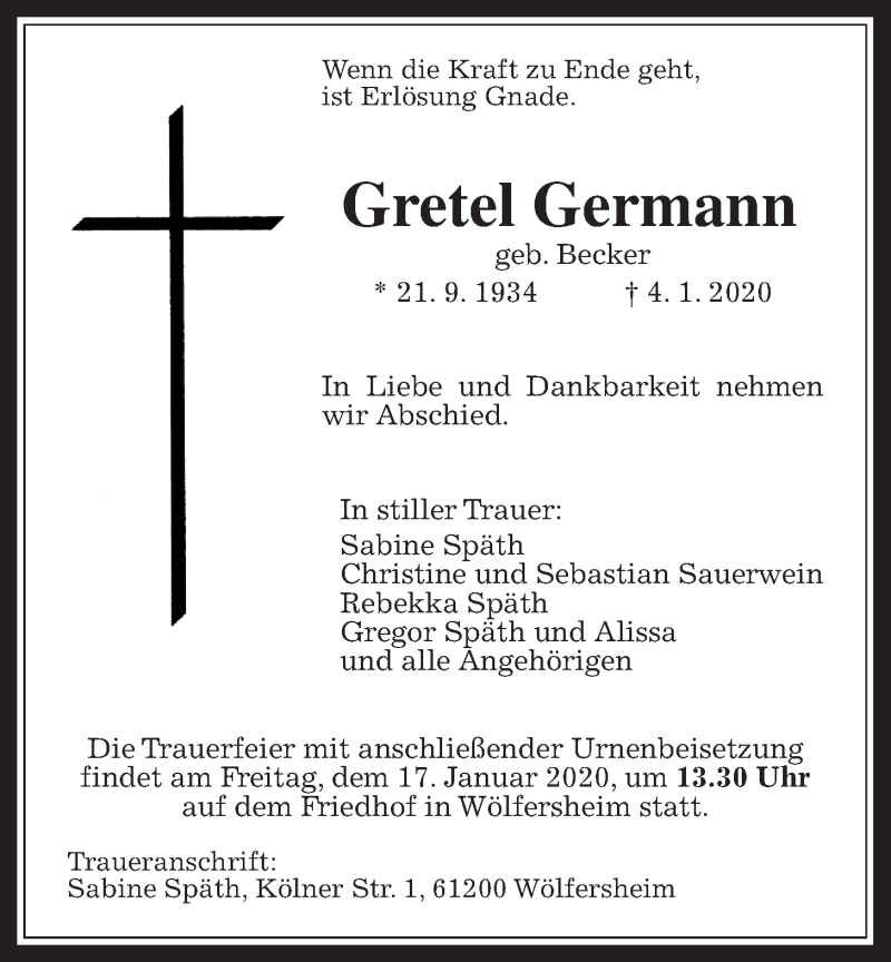  Traueranzeige für Gretel Germann vom 14.01.2020 aus Wetterauer Zeitung