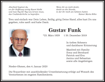 Traueranzeige von Gustav Funk von Giessener Allgemeine, Alsfelder Allgemeine