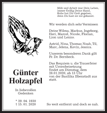 Traueranzeige von Günter Holzapfel von Wetterauer Zeitung