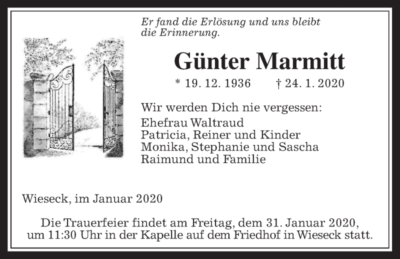  Traueranzeige für Günter Marmitt vom 28.01.2020 aus Giessener Allgemeine, Alsfelder Allgemeine
