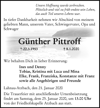 Traueranzeige von Günter Pittroff von Giessener Allgemeine, Alsfelder Allgemeine