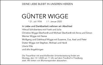 Traueranzeige von Günter Wigge von Wetterauer Zeitung