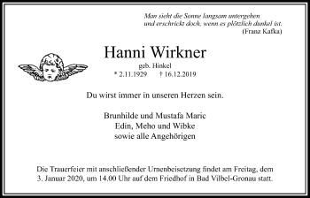 Traueranzeige von Hanni Wirkner von Bad Vilbel/Karben