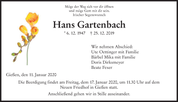 Traueranzeige von Hans Gartenbach von Giessener Allgemeine, Alsfelder Allgemeine