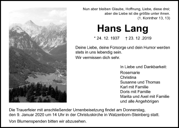 Traueranzeige von Hans Lang von Giessener Allgemeine, Alsfelder Allgemeine