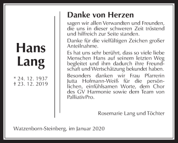 Traueranzeige von Hans Lang von Pohlheimer Nachrichten