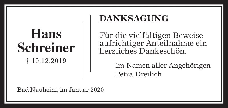  Traueranzeige für Hans Schreiner vom 04.01.2020 aus Wetterauer Zeitung