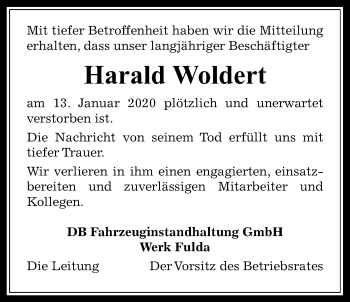 Traueranzeige von Harald Woldert von Wetterauer Zeitung, Giessener Allgemeine, Alsfelder Allgemeine