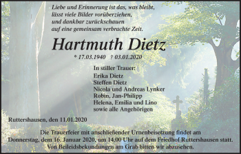 Traueranzeige von Hartmuth Dietz von Giessener Allgemeine, Alsfelder Allgemeine