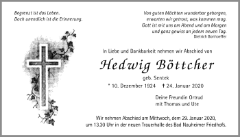 Traueranzeige von Hedwig Böttcher von Wetterauer Zeitung