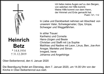 Traueranzeige von Heinrich Betz von Alsfelder Allgemeine