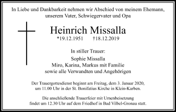 Traueranzeige von Heinrich Missalla von Bad Vilbel/Karben