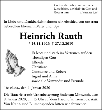 Traueranzeige von Heinrich Rauth von Giessener Allgemeine, Alsfelder Allgemeine