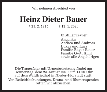 Traueranzeige von Heinz Dieter Bauer von Wetterauer Zeitung