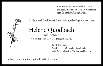 Traueranzeige von Helene Quodbach von Bad Vilbel/Karben