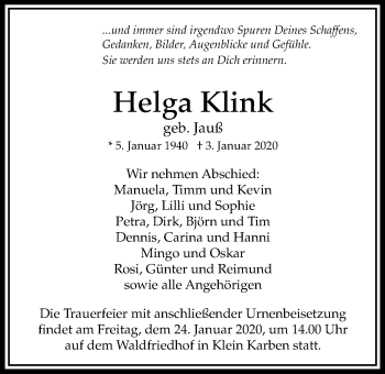 Traueranzeige von Helga Klink von Bad Vilbel/Karben