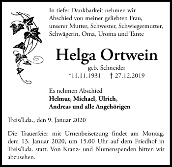 Traueranzeige von Helga Ortwein von Giessener Allgemeine, Alsfelder Allgemeine