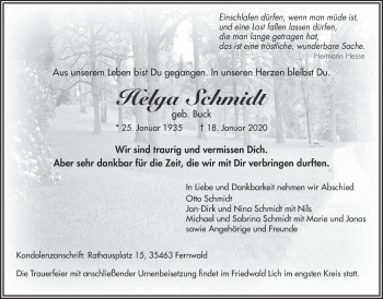 Traueranzeige von Helga Schmidt von Licher Wochenblatt
