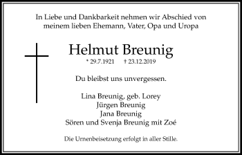 Traueranzeige von Helmut Breunig von Bad Vilbel/Karben