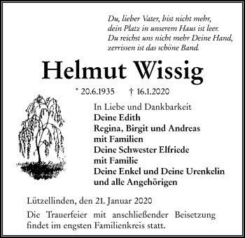 Traueranzeige von Helmut Wissig von Giessener Allgemeine, Alsfelder Allgemeine