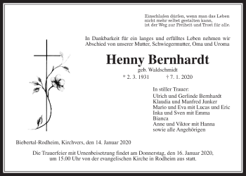 Traueranzeige von Henny Bernhardt von Giessener Allgemeine, Alsfelder Allgemeine