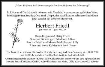 Traueranzeige von Herbert Friedl von Bad Vilbel/Karben