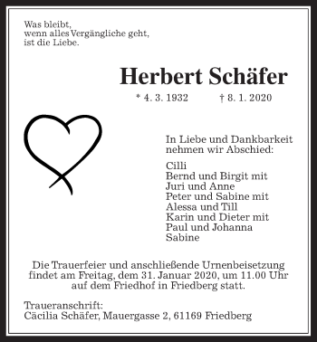 Traueranzeige von Herbert Schäfer von Wetterauer Zeitung