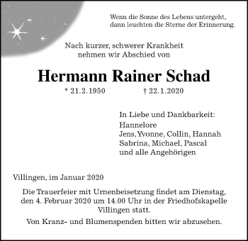 Traueranzeige von Hermann Rainer Schad von Licher Wochenblatt